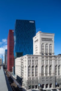 RU's distinctively blue Wabash Building (constructed 2012), a LEED-gold structure that complements the National Historic Landmark Auditorium Building (foreground) at the downtown Chicago Campus.